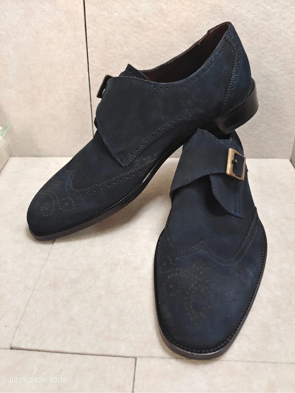 NWOB VELLAPAIS Dupone Brogue Monk Strap Shoe navy blue suede wingtip Mens Sz 9